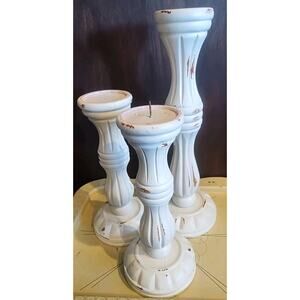 3 Pillar Candle Holders Distressed Farmhouse White Market Bazaar 11" (2) 15.5"